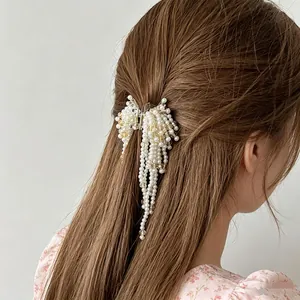 Elegant Hair Claw Clip With Long Artificial Pearl Tassel Crystal Beads Alloy Sparkling Korean Style Elegant Headwear For Women