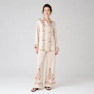 Women Elegant Satin Chiffon Pajama Set Floral Printed Long Sleeve Top And Bottom Casual Home Sleepwear Pajamas Champagne