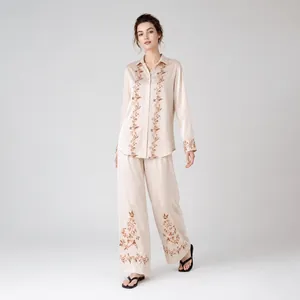 Elegant satin floral pajama set for women, long-sleeve shirt and wide-leg pants for home wear