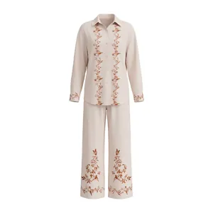 Elegant floral print women's long-sleeve pajama set in beige soft chiffon fabric