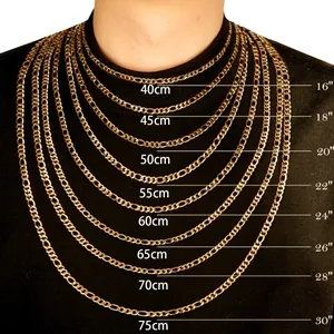 Figaro necklace length chart showing 16 to 30 inch chains on a male model for reference.