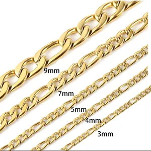 Detailed comparison of gold Figaro chain widths from 3mm to 9mm in stainless steel
