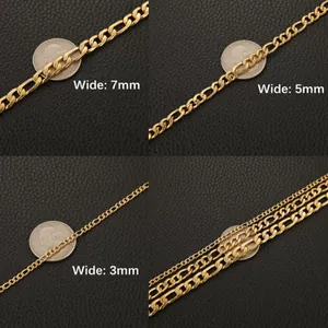 Detailed comparison of 3mm, 5mm, and 7mm gold Figaro chain necklaces with scale coin
