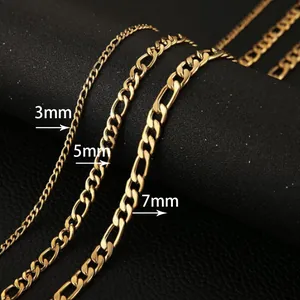 Detailed view comparing 3mm, 5mm, and 7mm gold Figaro chains in stainless steel