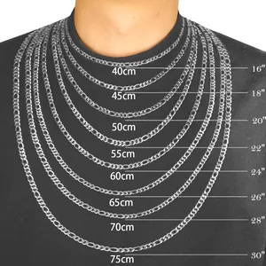 Necklace length comparison chart for stainless steel Figaro chains from 16 to 30 inches