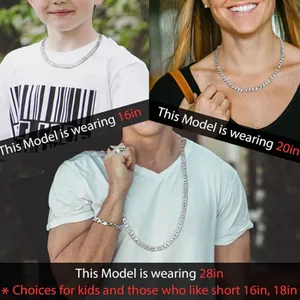 Figaro chain necklace length comparison on models showing 16, 20, and 28 inches