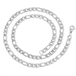 Macro view of high-quality polished stainless steel Figaro chain necklace for men