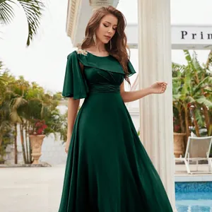 Elegante Abito da Sera in Raso Verde Scuro da Donna con Volant Manica Corta Vita Alta Maxi Abito per Festa Formale Matrimonio