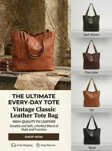 Grand sac cabas vintage en cuir PU avec poche frontale disponible en quatre couleurs