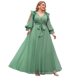 Elegantes grünes Abendkleid aus Chiffon mit V-Ausschnitt und langen Rüschenärmeln