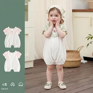 Barboteuse d'Été en Coton pour Bébé Fille Manches Courtes Col à Volants Broderie Florale Combinaison Style Coréen Vêtements Doux Respirants