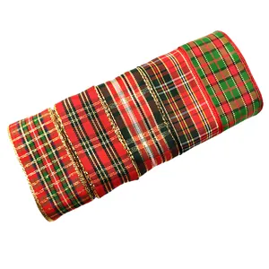 Classic red and green Christmas plaid ribbon with gold wired edges for DIY crafts