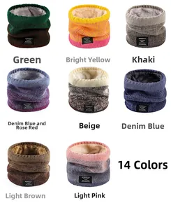 Detail of chunky knit winter neck warmer featuring thick fleece lining in various colors