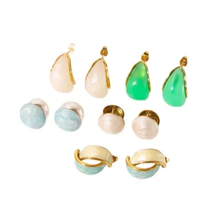 Minimalist set of colorful teardrop and round titanium steel earrings with 18k gold finish