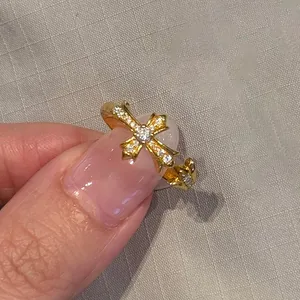 Luxury Gold Plated Copper Cross Pendant Necklace and Adjustable Ring Set With White Zirconia Inlaid For Women Jewelry Gift