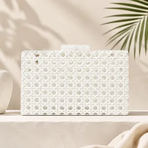 Elegant vintage white acrylic evening clutch bag with woven rattan pattern for women