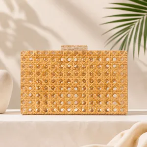 Retro handmade rattan woven clutch bag with marble-effect acrylic clasp