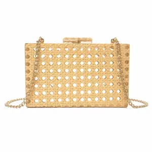 Detailed view of handmade rattan acrylic clutch bag with elegant gold chain strap