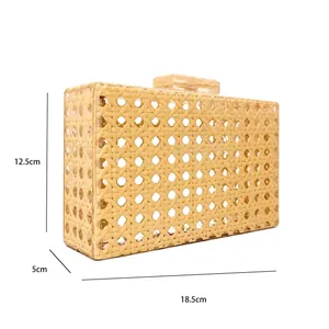 Vintage style woven rattan evening clutch bag with acrylic clasp size 18.5x12.5x5cm