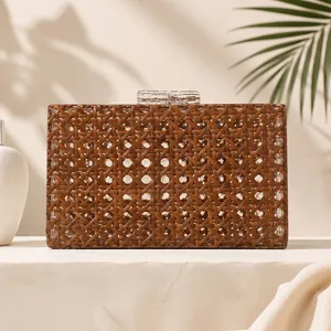 Vintage Woven Clutch Bag For Women Acrylic Rattan Texture Box Evening Handbag With Chain Strap