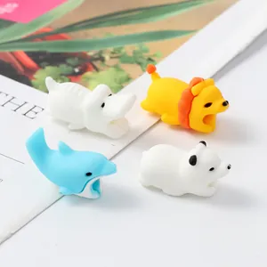 Close-up view of cute cartoon animal cable protectors for universal charging cords