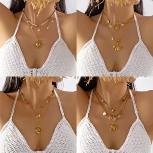 Bohemian Double Layer Stainless Steel Ocean Shell Sun Pendant Necklace Gold Plated Summer Beach Resort Jewelry For Women