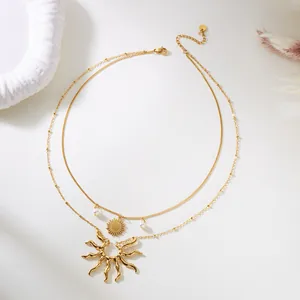 Bohemian double-layer gold stainless steel necklace with sun pendants and pearl beads