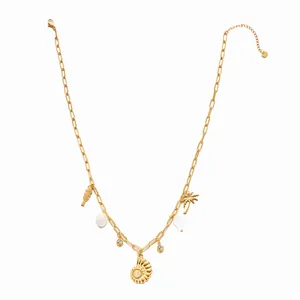 Gold stainless steel bohemian necklace with ocean shell palm tree and pearl charms