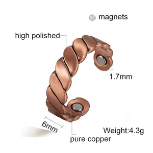 Vintage pure copper magnetic therapy ring with braided texture and adjustable band