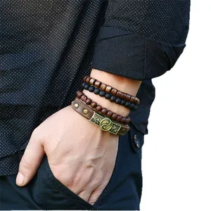 Men's vintage multilayer leather and wood bead bracelet set featuring a Yin Yang charm