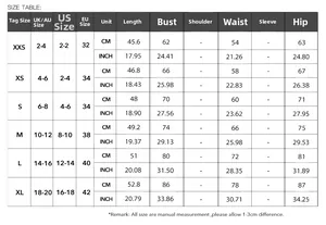 Detailed size chart for the Y2K sexy camisole vest jumpsuit with measurements