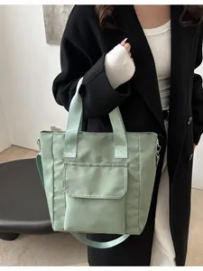 Women Large Capacity Nylon Tote Bag Korean Style Shoulder Crossbody Bag With Front Flap Pocket Adjustable Strap Handbag