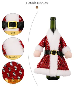 Close-up detail display of Santa Claus red wine bottle cover with faux fur trim and sequins