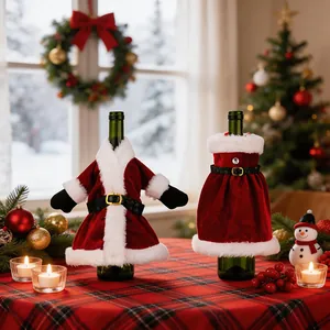 Festive Christmas wine bottle covers featuring Santa suit and Mrs. Claus dress set