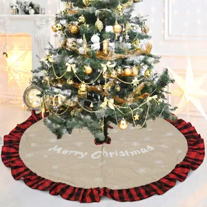 Burlap Christmas Tree Skirt Red Black Buffalo Plaid Ruffle Edge Snowflake Printed Holiday Home Floor Tree Base Decoration