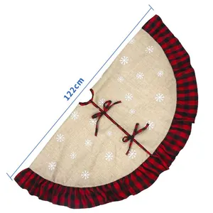 122cm Christmas tree skirt with red black plaid ruffle edge and snowflake motif