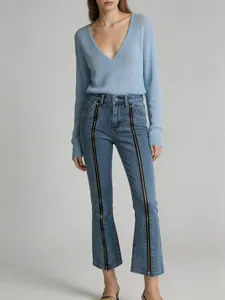 Women's High Waist Flare Jeans With Front Long Zipper Design Blue Washed Denim Pants Slim Fit Embossed Texture Fashion Trousers