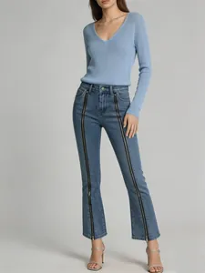 High waisted flare jeans for women featuring unique double vertical front zipper details