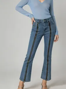 Stylish women's micro-flare jeans with full-length front zipper design in blue denim