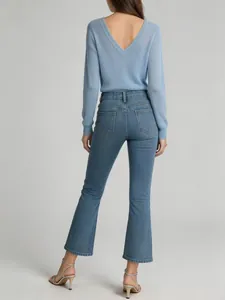 Stylish high-waisted cropped flare jeans for women in premium light blue denim fabric
