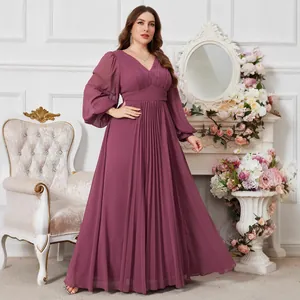 Abito Maxi in Chiffon Taglie Forti Donna Scollo a V Plissettato Maniche a Lanterna Elegante Abito da Sera