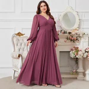 Elegante abito da sera taglie forti in chiffon con scollo a V maniche a lanterna e gonna a pieghe