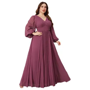 Abito da sera taglie forti in chiffon a pieghe con scollo a V e maniche a lanterna