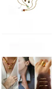 Détail du collier en acier inoxydable plaqué or 18K avec pendentifs en pierre carrée.