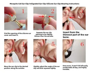 Instructional diagram for wearing mosquito coil ear clips with silicone pads