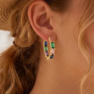 18K Gold Plated Copper Hoop Earrings With Colorful Baguette Zirconia Lightweight Minimalist Fashion Jewelry For Women Daily Wear