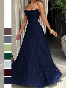 Robe Maxi Femmes Jacquard Floral Bretelles Spaghetti Dos Nu Froncé Élégant Soirée Ligne A Sans Manches Robe Longue
