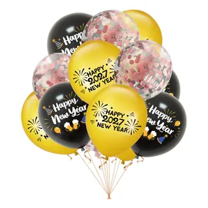 Decorative 2027 Happy New Year latex balloon set with gold black and confetti mix