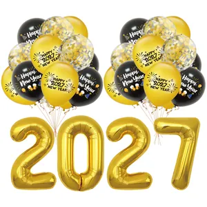 Festive 2027 New Year party balloon set featuring black gold latex and foil numbers