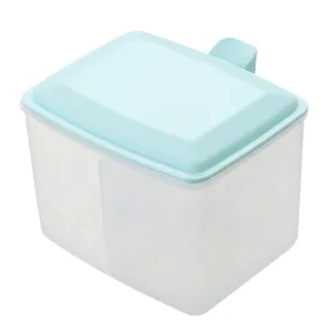 Double compartment kitchen seasoning box with light blue lid and small serving spoon